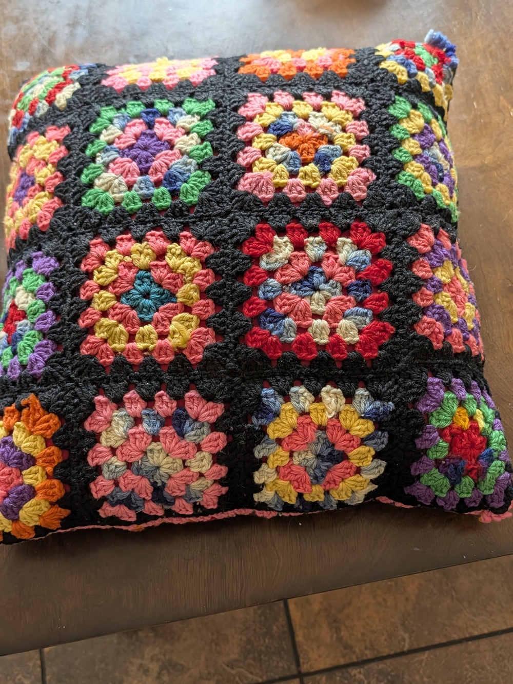Handmade Crochet Granny Square Throw Pillow - Multicolor on Black